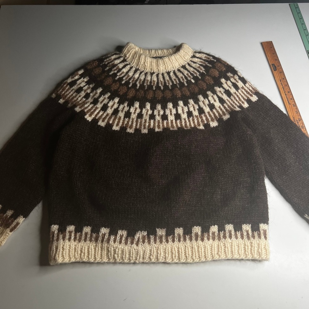 Icewool Iceland Handknitted Pure Wool Fair Isle Sweater Mens Medium Brown Vtg